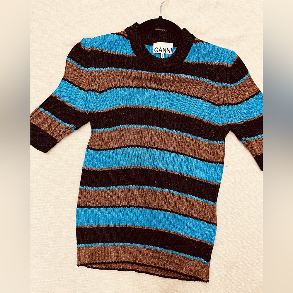 Ganni striped lurex sparkle short sleeve sweater size small